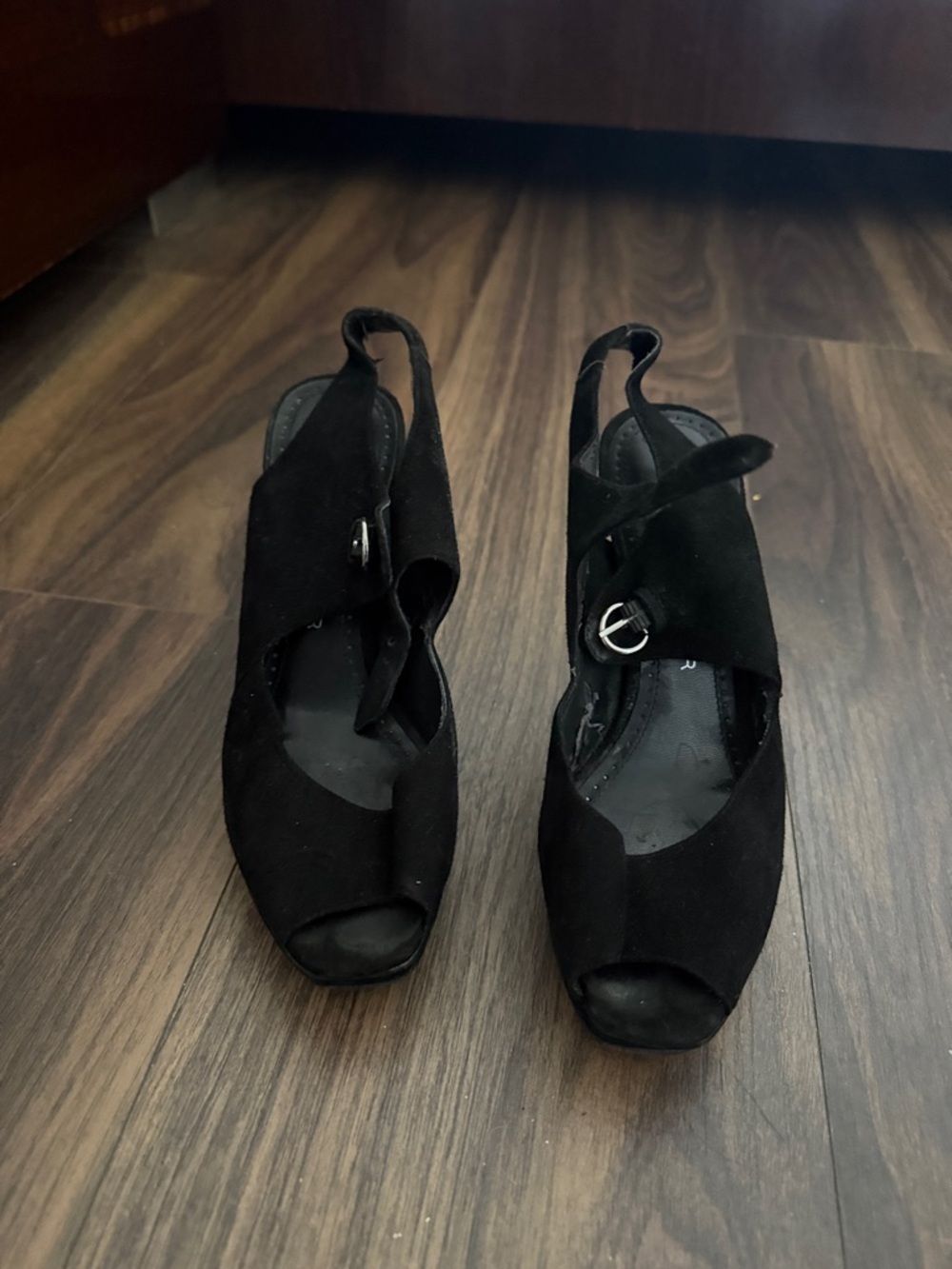 Marc Fisher Black Suede Peep-Toe Slingback Heels with Buckle